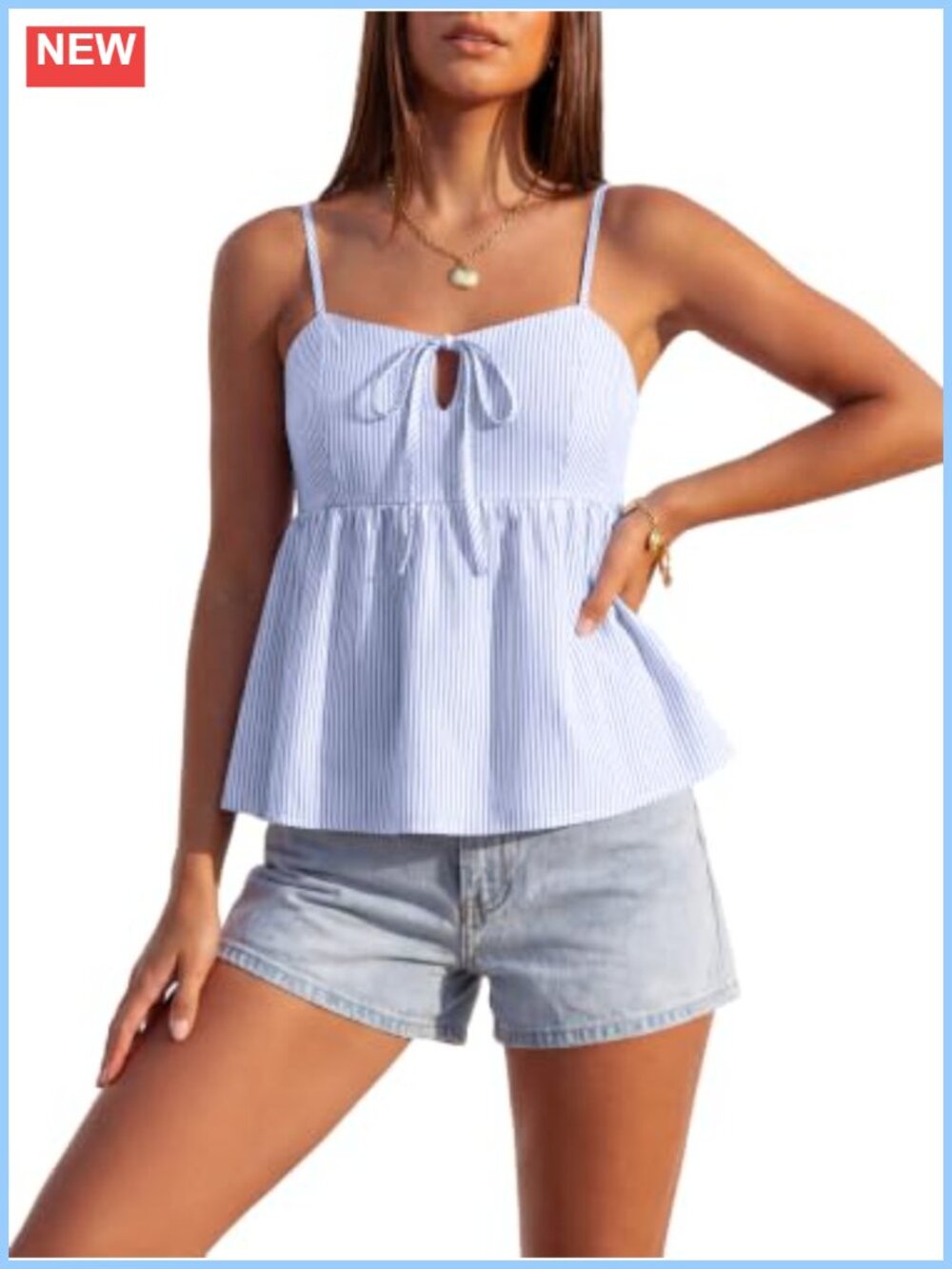 Women's Spaghetti Strap Peplum Cami Tank Top Smocked Tie Front Ruffle Hem